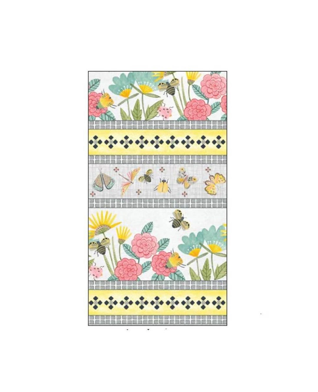 Butterflies and Floral Fabric Quilt Panel. Pop of Color Folk Garden ...