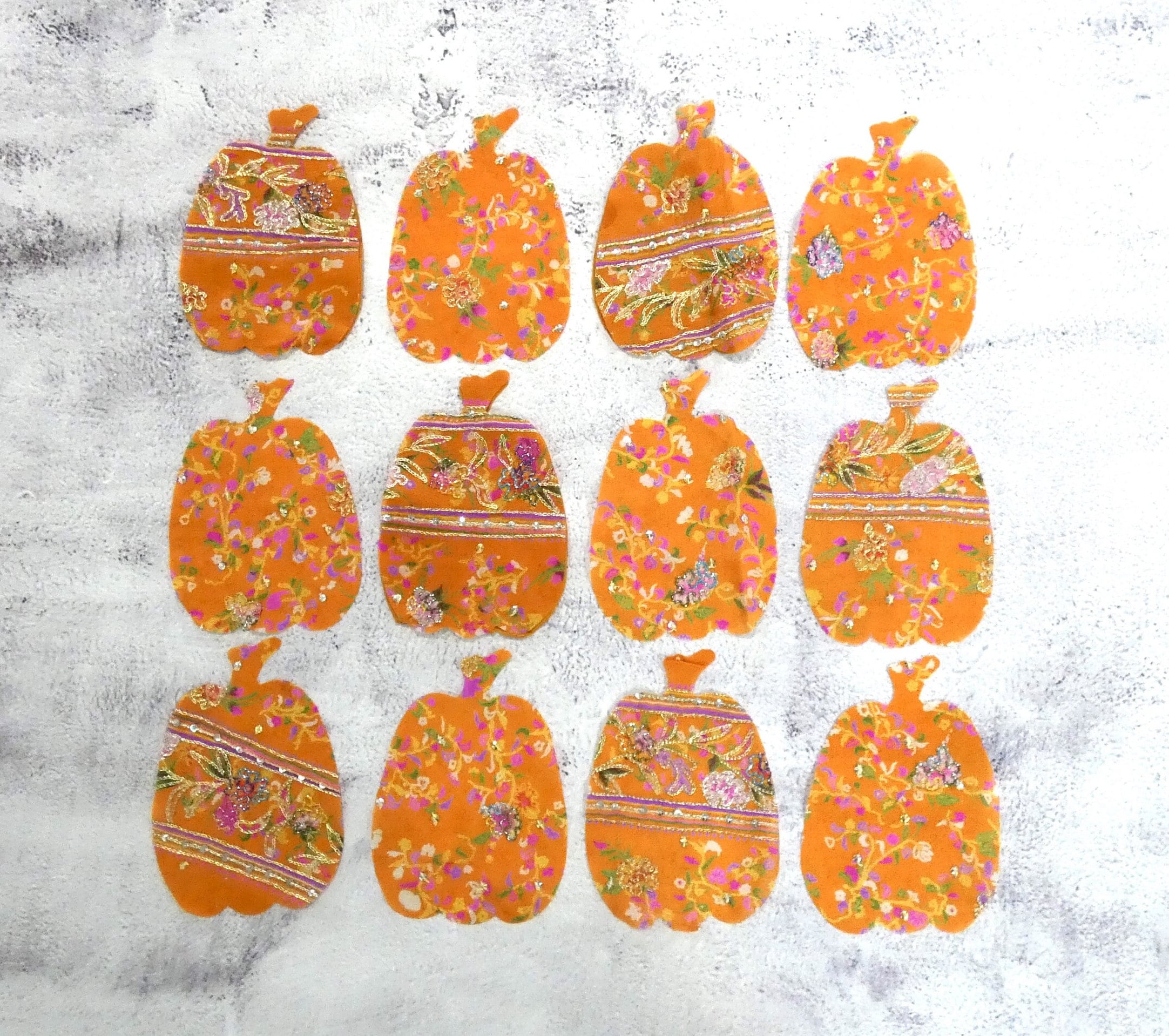 Indian saree PUMPKIN APPLIQUE CUT Outs - Twelve 4 inch embroidered orange fabric die cut pumpkins for Quilts, Sewing, Crafts, Junk Journals