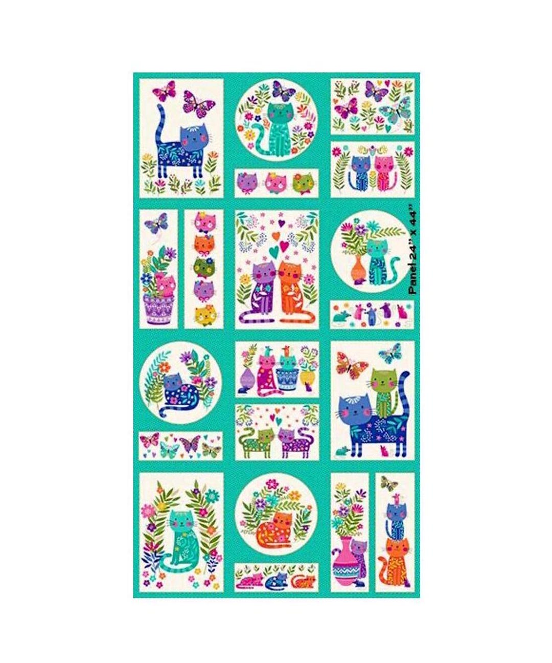 Katies Cats Panel, Colorful Cute Cats by Makower, Quilting Panel 24