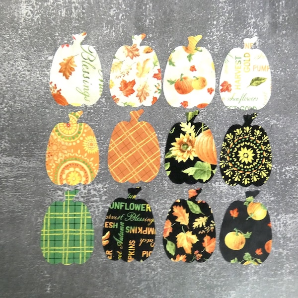 PUMPKIN APPLIQUE CUT Outs - Twelve 4 inch fabric die cut pumpkins for Quilts, Sewing and Crafts - bright beautiful