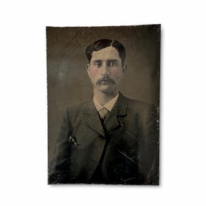 Antique Tintype Portrait, Mustached Victorian Man Ferrotype, Hand-Toned Gothic Decor