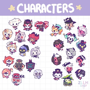 May include: A collection of cartoon character illustrations in various colors, including red, pink, and blue. The word "CHARACTERS" is written in large, stylized letters at the top. The ZLLM SHOP logo is in the bottom right corner.