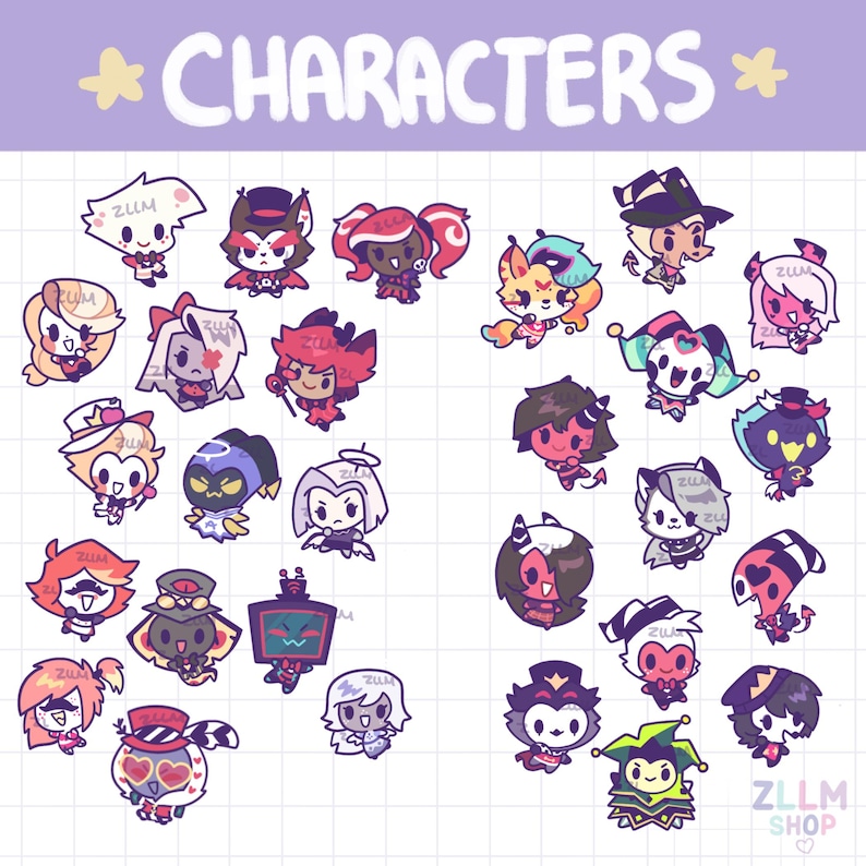 May include: A collection of cartoon character illustrations in various colors, including red, pink, and blue. The word "CHARACTERS" is written in large, stylized letters at the top. The ZLLM SHOP logo is in the bottom right corner.