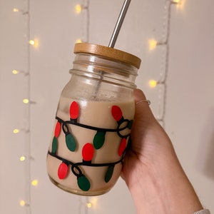 Christmas Lights Coffee Mug- Glass Coffee Mug- Mason Jar- Iced Coffee Cup- Bamboo Lid & Straw- 16oz Glass Mug- Cold Cup