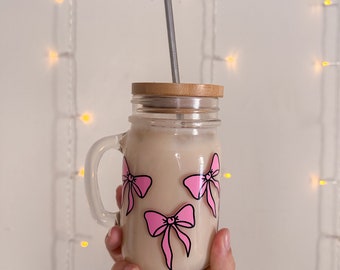 Dainty Bows Coffee Mug- Glass Coffee Mug- Mason Jar- Iced Coffee Cup- Bamboo Lid & Straw- 16oz Glass Mug- Cold Cup