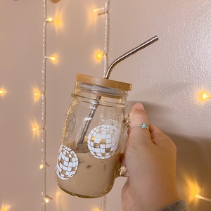 Disco Ball Coffee Mug- Glass Coffee Mug- Mason Jar- Iced Coffee Cup- Bamboo Lid & Straw- 16oz Glass Mug- Cold Cup