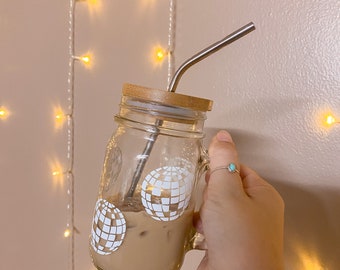 Disco Ball Coffee Mug- Glass Coffee Mug- Mason Jar- Iced Coffee Cup- Bamboo Lid & Straw- 16oz Glass Mug- Cold Cup