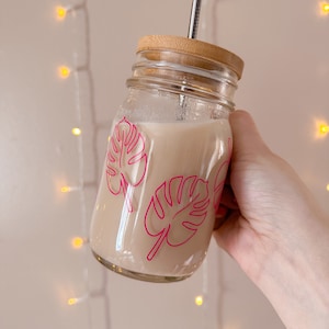 Monstera Leaf Coffee Mug- Glass Coffee Mug- Mason Jar- Iced Coffee Cup- Bamboo Lid & Straw- 16oz Glass Mug- Cold Cup