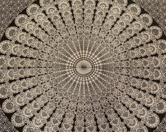 Cotton cloth, wall hanging, tapestry, beach towel, bedspread, tablecloth, throw, decoration, mandala, black, white, Indian