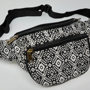 Sac ceinture en coton avec 3 compartiments zippés, poche ventrale, poche hanche, poche poitrine, sac à bandoulière, sac à bandoulière, sac de fête