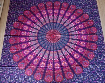 Large cotton cloth, purple, turquoise, mandala, Indian, Goa, wall towel, wall hanging, cloth for beach, park, picnic, bed, sofa, table