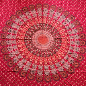Cotton cloth, wall towel, wall hanging, beach towel, bedspread, tablecloth, throw, decoration, mandala, flowers, red, orange, Goa, Indian