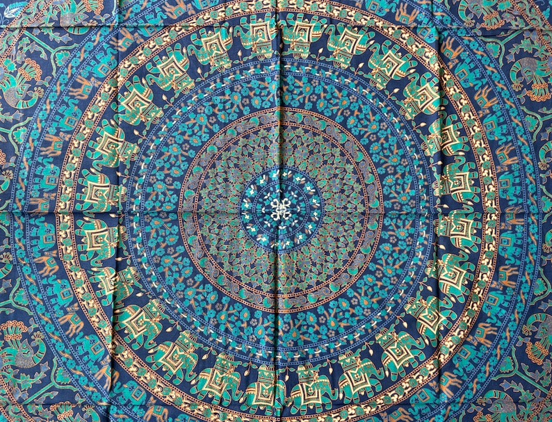 Tuch aus Baumwolle, Wandtuch, Wandbehang, Wandteppich, Überwurf, Strandtuch, Parkdecke, Dekoration, Mandala, Yoga, Goa, Elefant, Blumen, Pfau, Indisch, Blau, Party, Festival, Wall-Art , Raumdekoration