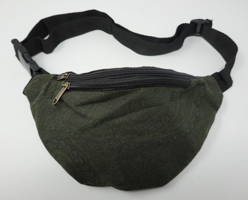 Gürteltasche aus Baumwolle mit 3 Reißverschlüssen, Hüfttasche, Schultertasche, Bauchtasche, Umhängetasche, Reisetasche, Partytasche Paisley - Grün