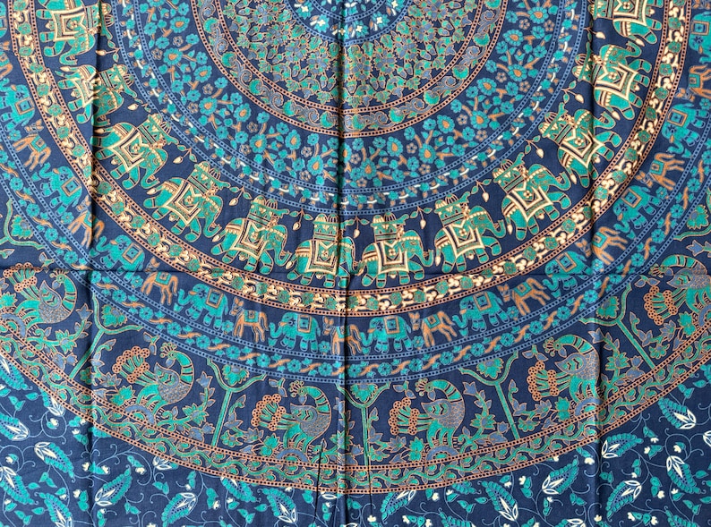 Tuch aus Baumwolle, Wandtuch, Wandbehang, Wandteppich, Überwurf, Strandtuch, Parkdecke, Dekoration, Mandala, Yoga, Goa, Elefant, Blumen, Pfau, Indisch, Blau, Party, Festival, Wall-Art , Raumdekoration