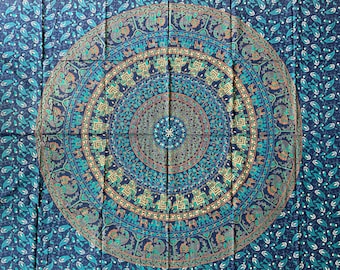 Tuch aus Baumwolle, Wandtuch, Wandbehang, Wandteppich, Wandkunst, Überwurf, Strandtuch, Parkdecke, Dekoration, Mandala, Goa, Elefant ,Blau