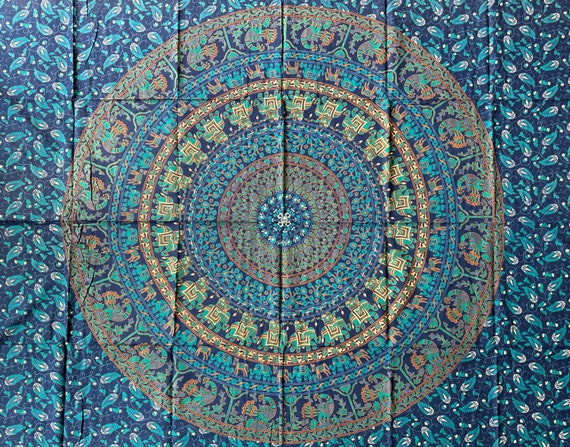 Tuch aus Baumwolle, Wandtuch, Wandbehang, Wandteppich, Wandkunst, Überwurf, Strandtuch, Parkdecke, Dekoration, Mandala, Goa, Elefant, Blau