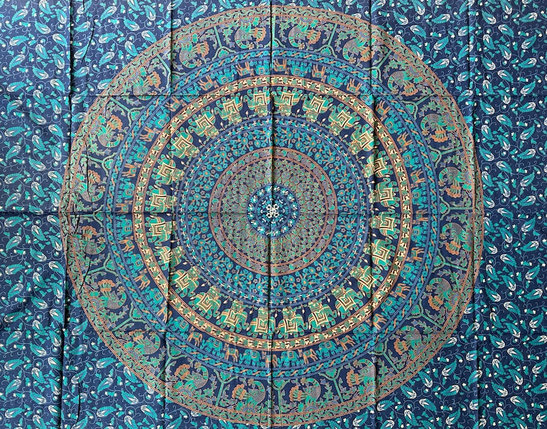 Tuch aus Baumwolle, Wandtuch, Wandbehang, Wandteppich, Überwurf, Strandtuch, Parkdecke, Dekoration, Mandala, Yoga, Goa, Elefant, Blumen, Pfau, Indisch, Blau, Party, Festival, Wall-Art , Raumdekoration
