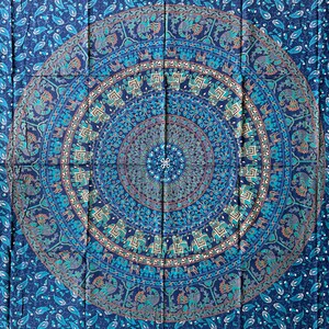 Tuch aus Baumwolle, Wandtuch, Wandbehang, Wandteppich, Überwurf, Strandtuch, Parkdecke, Dekoration, Mandala, Yoga, Goa, Elefant, Blumen, Pfau, Indisch, Blau, Party, Festival, Wall-Art , Raumdekoration