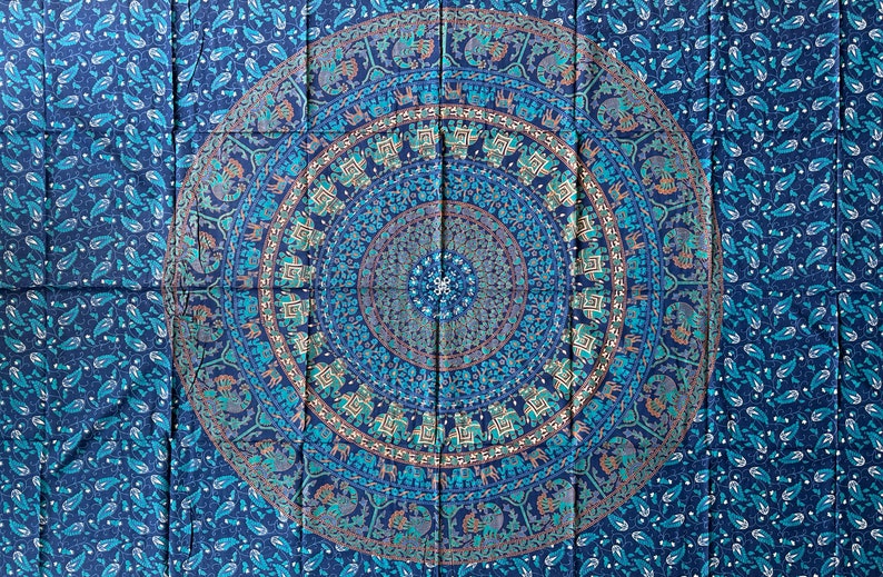 Tuch aus Baumwolle, Wandtuch, Wandbehang, Wandteppich, Überwurf, Strandtuch, Parkdecke, Dekoration, Mandala, Yoga, Goa, Elefant, Blumen, Pfau, Indisch, Blau, Party, Festival, Wall-Art , Raumdekoration