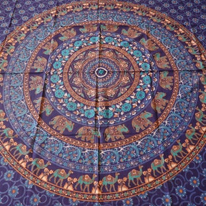 Cotton cloth, wall hanging, wall hanging, beach towel, park blanket, tablecloth, bed sheet, throw, decoration, Goa, mandala, flowers, elephants, blue