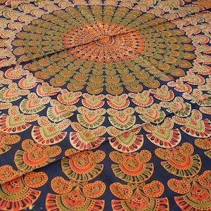 Cotton cloth, wall towel, wall hanging, beach towel, bedspread, tablecloth, throw, decoration, mandala, flowers, green, orange, Goa, Indian