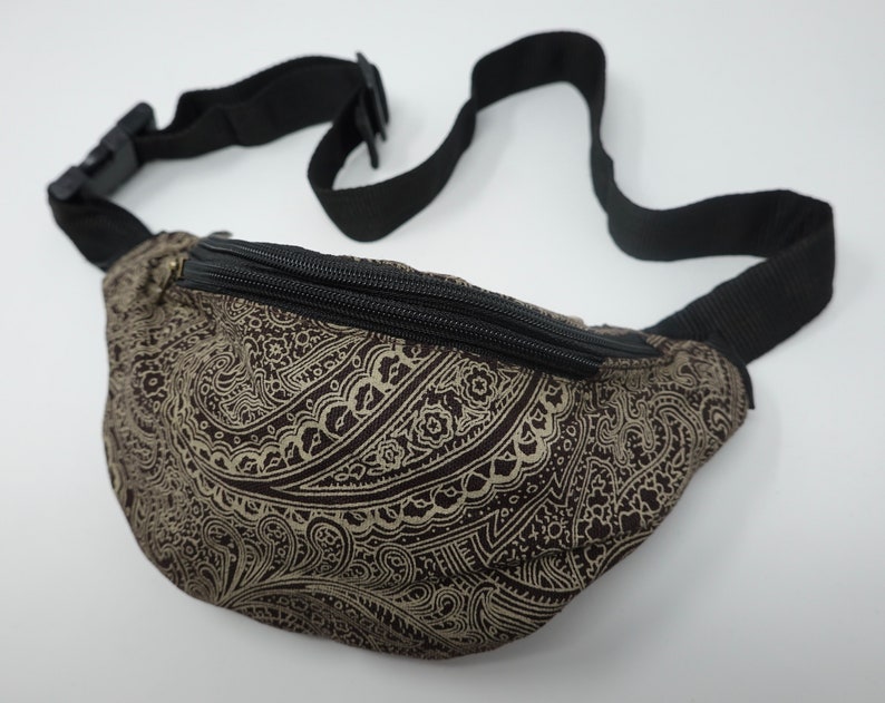 Gürteltasche aus Baumwolle mit 3 Reißverschlüssen, Hüfttasche, Schultertasche, Bauchtasche, Umhängetasche, Reisetasche, Partytasche Paisley - Braun