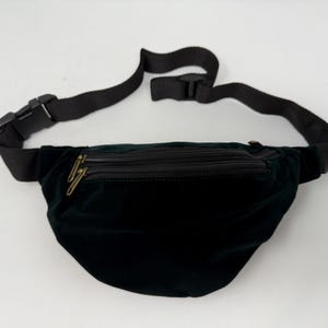 May include: A dark green velvet fanny pack with a black adjustable strap and buckle. The pack has two zippered compartments with gold-colored zipper pulls. The bag is designed to be worn around the waist.