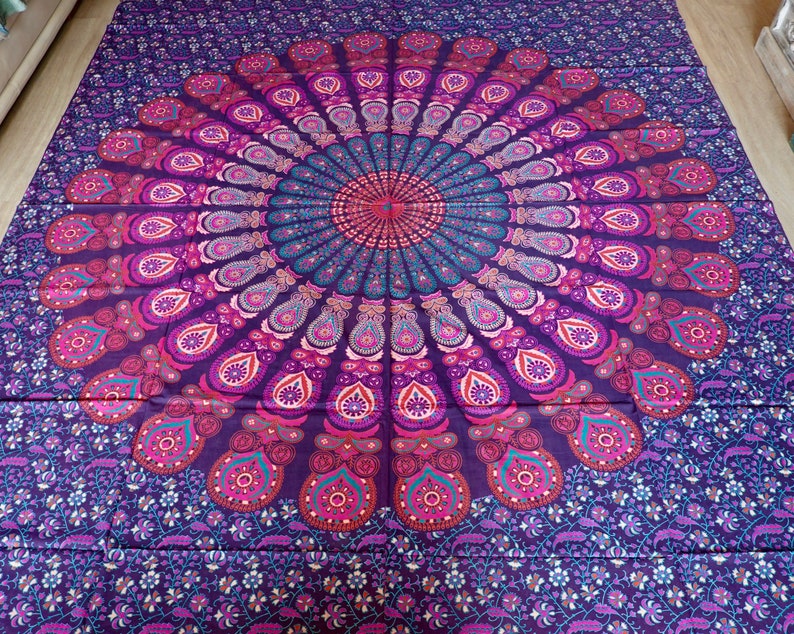 Tela de pared grande de algodón, color morado, turquesa, Mandala indio Goa, tela para colgar en la pared, para playa, parque, Picnic, cama, sofá y mesa imagen 4