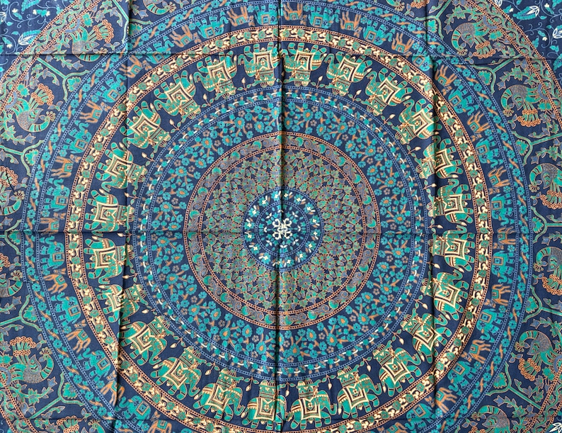 Tuch aus Baumwolle, Wandtuch, Wandbehang, Wandteppich, Überwurf, Strandtuch, Parkdecke, Dekoration, Mandala, Yoga, Goa, Elefant, Blumen, Pfau, Indisch, Blau, Party, Festival, Wall-Art , Raumdekoration