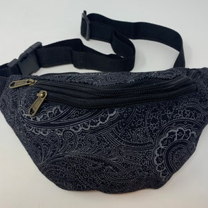 Gürteltasche aus Baumwolle mit 3 Reißverschlüssen, Hüfttasche, Schultertasche, Bauchtasche, Umhängetasche, Reisetasche, Partytasche Paisley - Schwarz