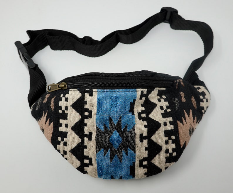Pu&ograve; includere: Una marsupio nera con chiusura a zip e un motivo geometrico colorato in tonalit&agrave; di blu, nero, bianco e marrone.