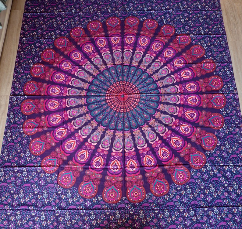 Tela de pared grande de algodón, color morado, turquesa, Mandala indio Goa, tela para colgar en la pared, para playa, parque, Picnic, cama, sofá y mesa imagen 1