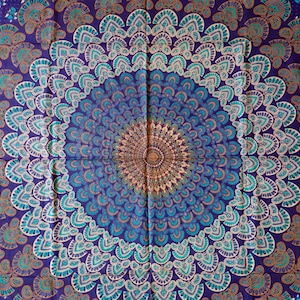 Cotton cloth, wall towel, wall hanging, tapestry, throw, beach towel, picnic blanket, tablecloth, decoration, mandala, flowers, blue, Goa