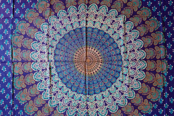 Tuch aus Baumwolle, Wandtuch, Wandbehang, Wandteppich, Überwurf, Strandtuch, Picknickdecke, Tischdecke, Dekoration, Mandala, Blumen,Blau,Goa