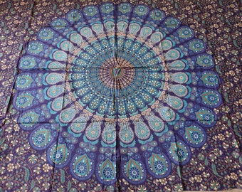 Cotton cloth, wall hanging, throw, blanket for beach, park, yoga, picnic, tablecloth, decoration, mandala, peacock feathers, Indian, blue