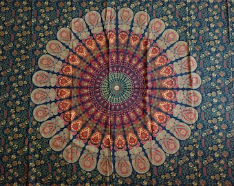 Tissu en coton, tissu mural, tenture murale, serviette de plage, couverture de parc, nappe, drap de lit, jeté, décoration, mandala, motif paon, indien