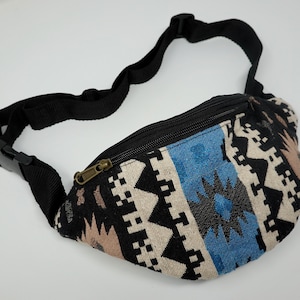 Pu&ograve; includere: Una marsupio nera con chiusura a zip e cinturino regolabile. La marsupio &egrave; realizzata in tessuto intrecciato con un motivo geometrico in tonalit&agrave; di blu, nero, bianco e marrone.