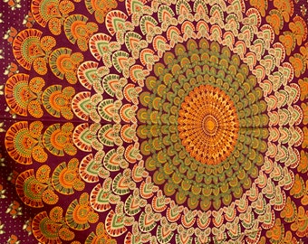 Cotton cloth, wall hanging, tapestry, beach towel, bedspread, tablecloth, ritual cloth, throw, decoration, mandala, reddish-brown, orange