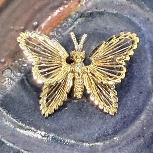 May include: A gold-colored butterfly brooch with intricate filigree wings and a detailed body. The butterfly is set against a dark blue, textured background, showcasing its delicate design and craftsmanship. This jewelry piece is a decorative accessory.