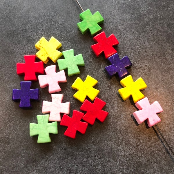 Bead Lot Set of 15 Dyed Howlite Mission Crosses Multicolor for Crafting Jewelry Making