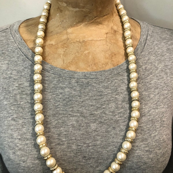 Necklace Faux Pearl & Gold Tone Vintage Signed Hong Kong 30" Foldover Clasp