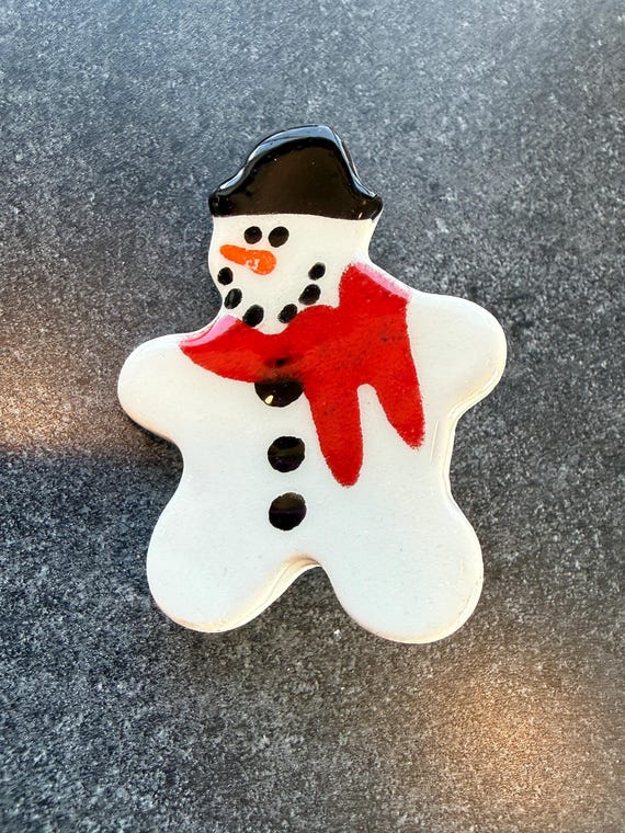 Brooch Vintage Ceramic Snowman Artisan Made for Christmas Holiday