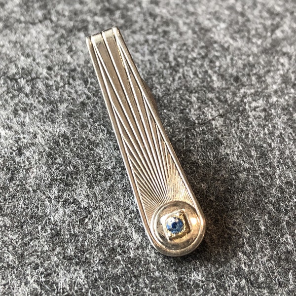 Tie Clip Mid-Century Gleaming Silver-Tone Converging Lines Blue Paste Stone Vintage Men's Jewelry