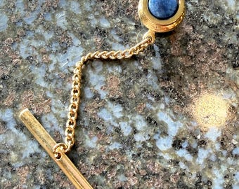 Vintage Tie Tack or Pin Sodalite Stone Circle in Gold Tone w/Chain
