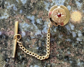 Vintage Tie Tack or Pin Small Red Faux 'Gem' Circle in Gold Tone w/Chain