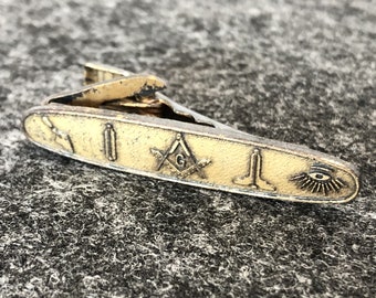 Tie Clip Masonic Temple Membership Symbols Gold Tone Alligator Clasp Vintage Men's Jewelry