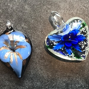 Pendant Set of 2 Art Glass Blue Flower Designs Leaf and Heart Shaped Designs