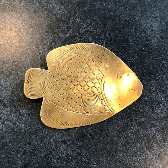 Brooch Pin Vintage Brass Artisan Made Fish Hand E… - image 1