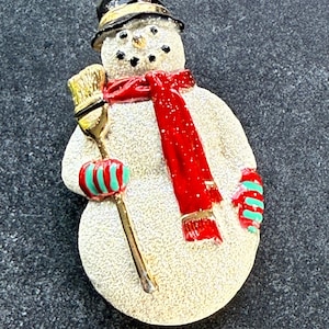 Brooch Pin VTG Glittery Snowman by AJC Broom Hat and Scarf Sweet Cute Christmas
